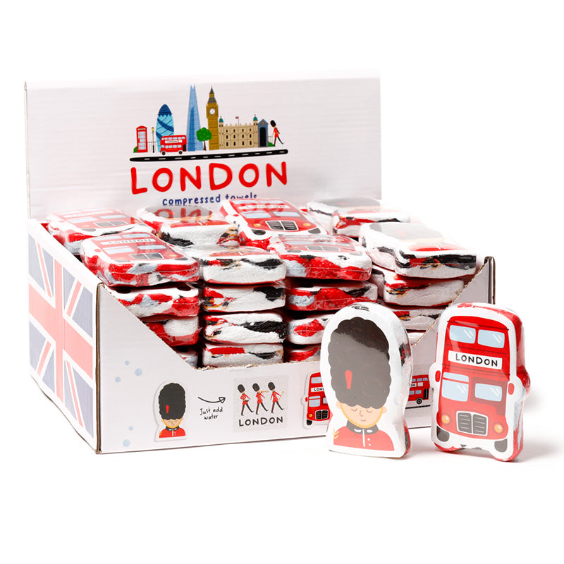 London Icons Compressed Travel Towel with iconic landmarks