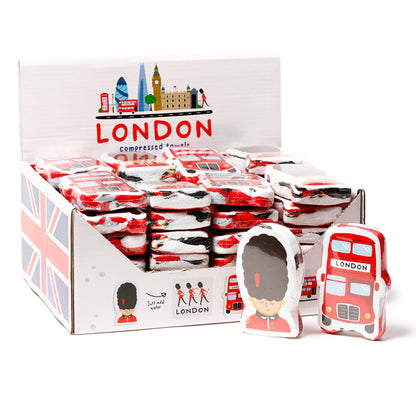 London Icons Compressed Travel Towel with iconic landmarks