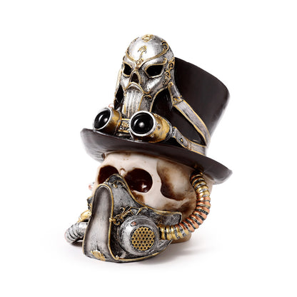 Side view of steampunk skull ornament with gas mask