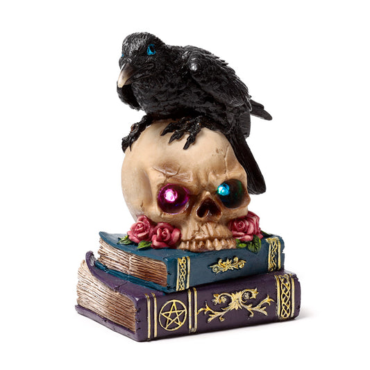 Decorative LED ornament with crow on skull and books