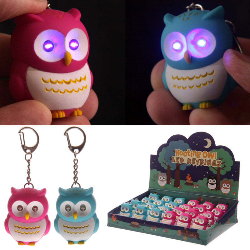 Pink and blue hooting owl LED keyring