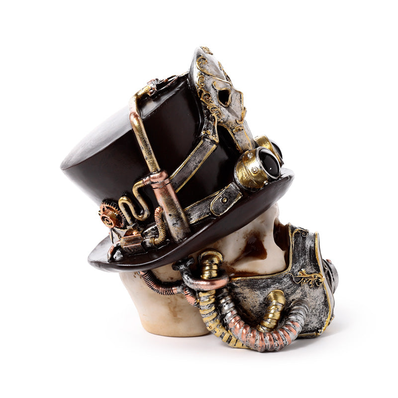 Display of steampunk skull ornament on shelf