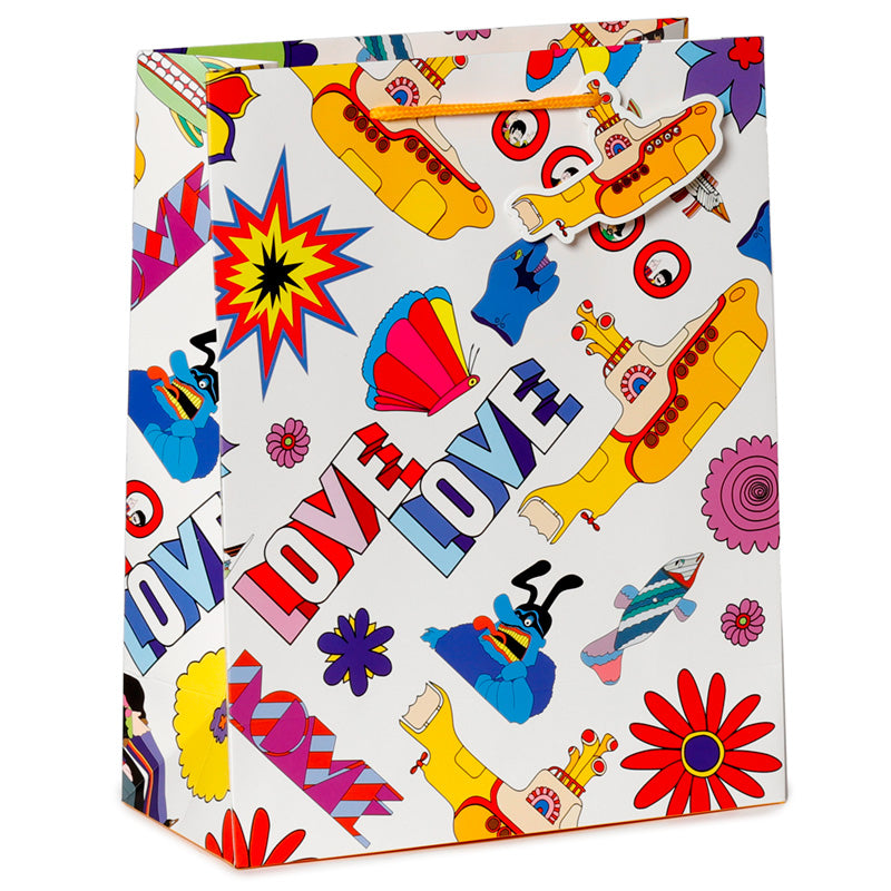 Large gift bag featuring The Beatles Yellow Submarine LOVE design