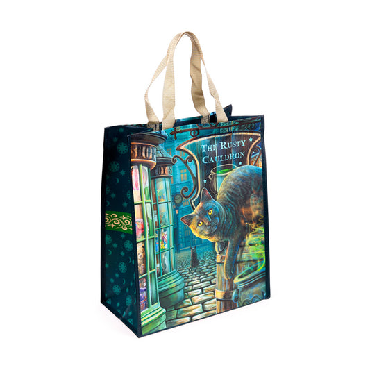 Durable Reusable Shopping Bag featuring Lisa Parker's The Rusty Cauldron Cat