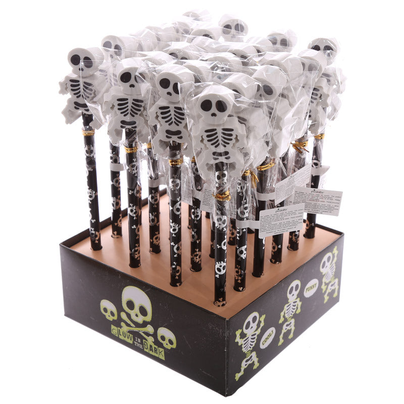 Kids skeleton pencil and eraser set on a desk