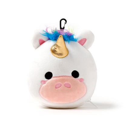 Relaxeazzz Unicorn Travel Pillow & Eye Mask set on a travel bag