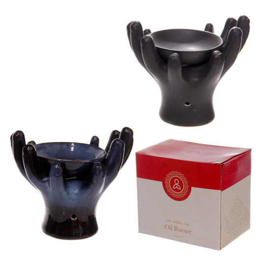 Ceramic Hands Design Dark Glazed Oil Burner - Front View