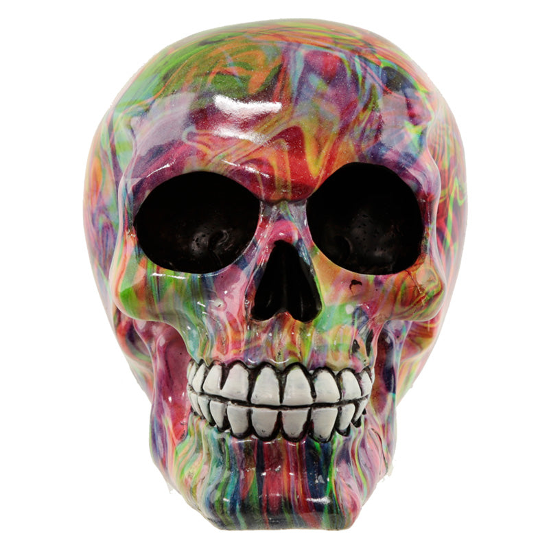 Close-up of the vibrant colours on the Fantasy Rainbow Marble Skull Ornament