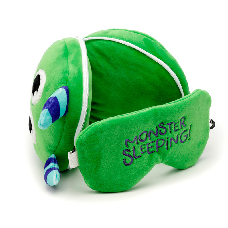 Green Monstarz design on travel pillow