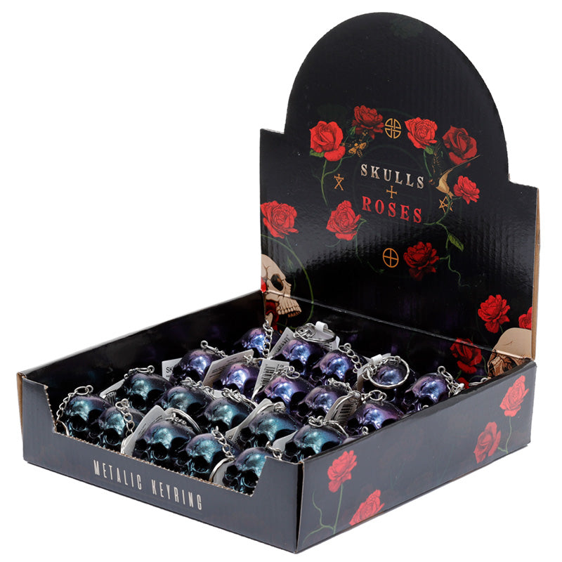 Close-up of Skulls and Roses Metallic Skull Keyring detail