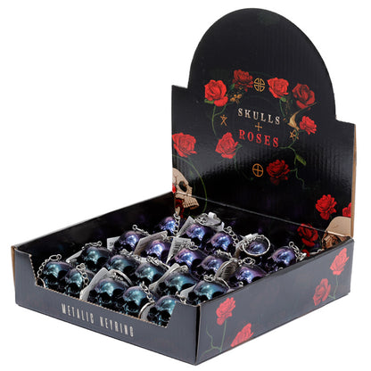 Close-up of Skulls and Roses Metallic Skull Keyring detail