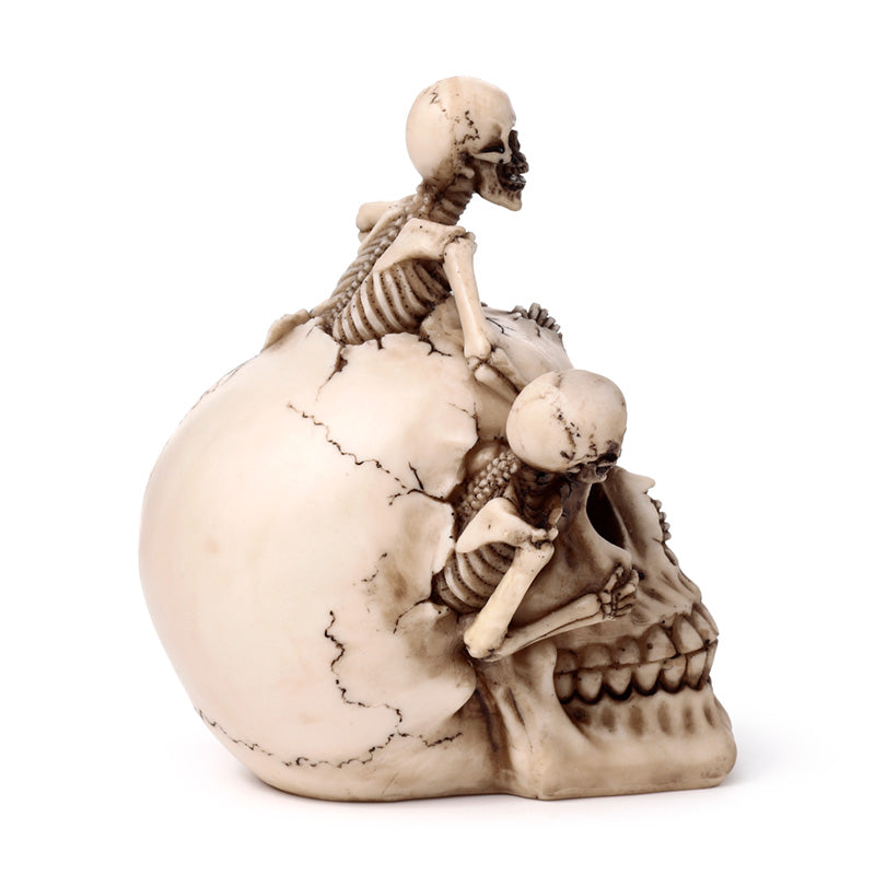 Skull Ornament with Bursting Skeletons on display
