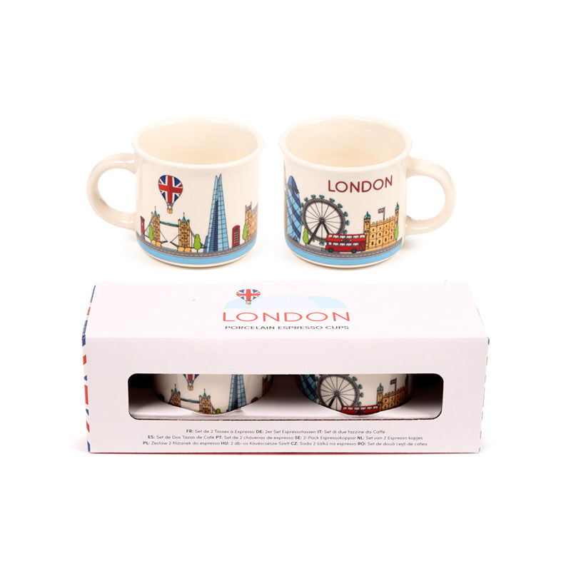 Charming espresso cups featuring London skyline for gifting