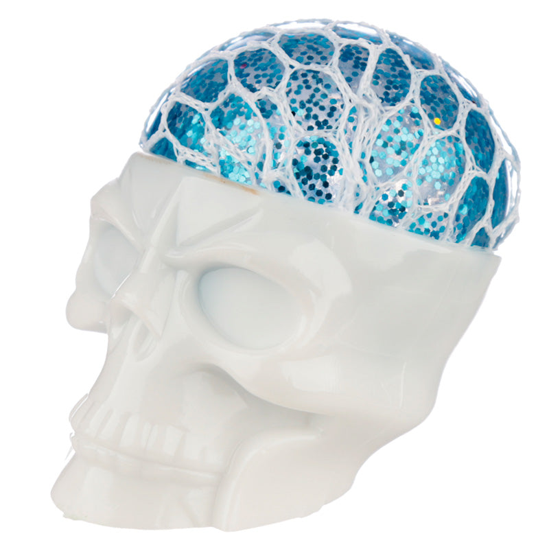 Close-up of Fun Kids Squishy Skull Head with glitter