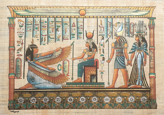 Egyptian Papyrus art depicting Maat, Isis, Horus, and Nefertari