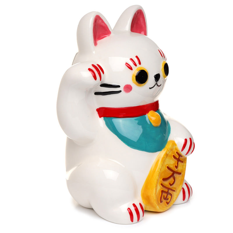 Collectable Ceramic White Maneki Neko Lucky Cat Money Box - Detailed Design