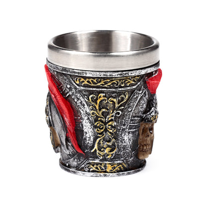 Close-up of decorative shot glass with Roman soldier