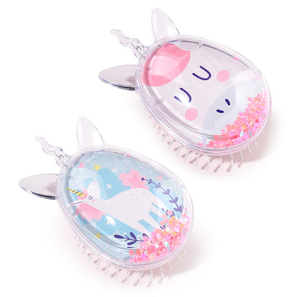 Close-up of Unicorn Magic Hair Brush with glitter