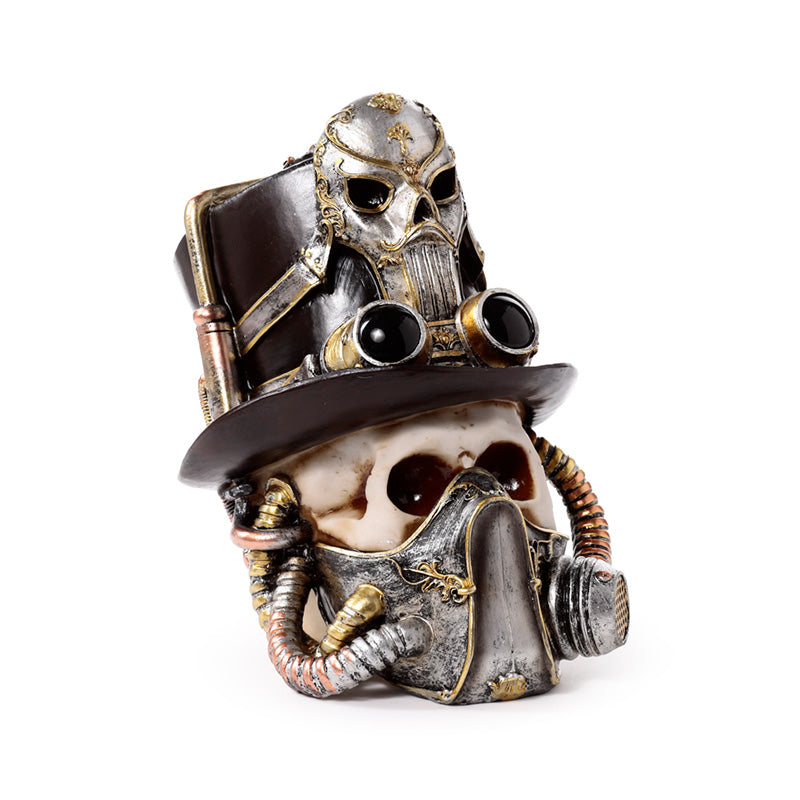 Steampunk style skull ornament with gas mask and top hat