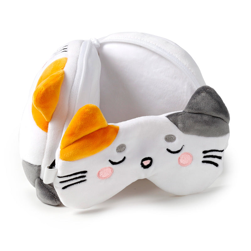 Soft travel pillow and eye mask set with cat design