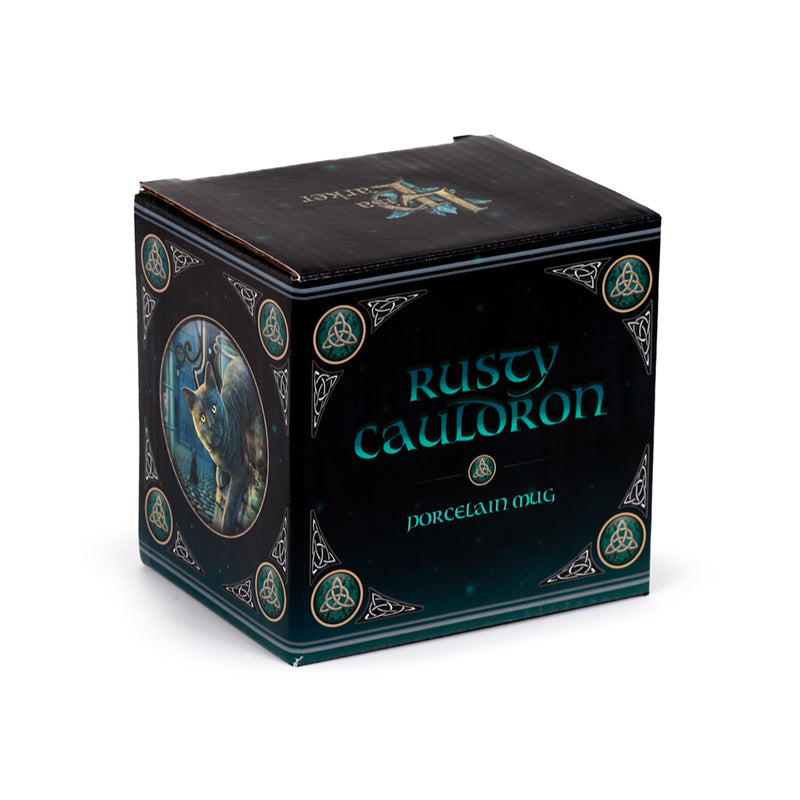 Close-up of Lisa Parker Rusty Cauldron Cat design on porcelain mug