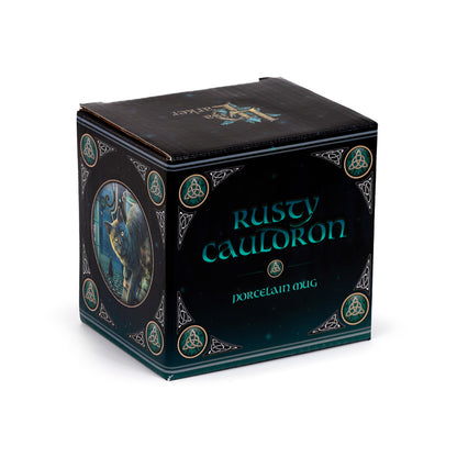 Close-up of Lisa Parker Rusty Cauldron Cat design on porcelain mug