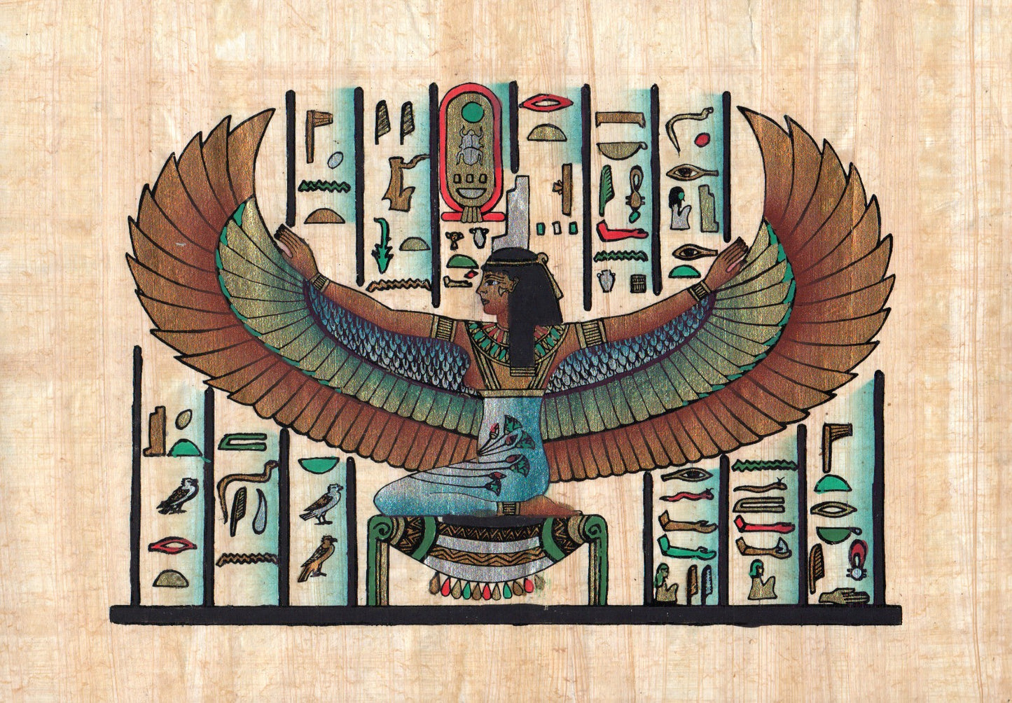 Egyptian papyrus painting of the goddess Isis with wings