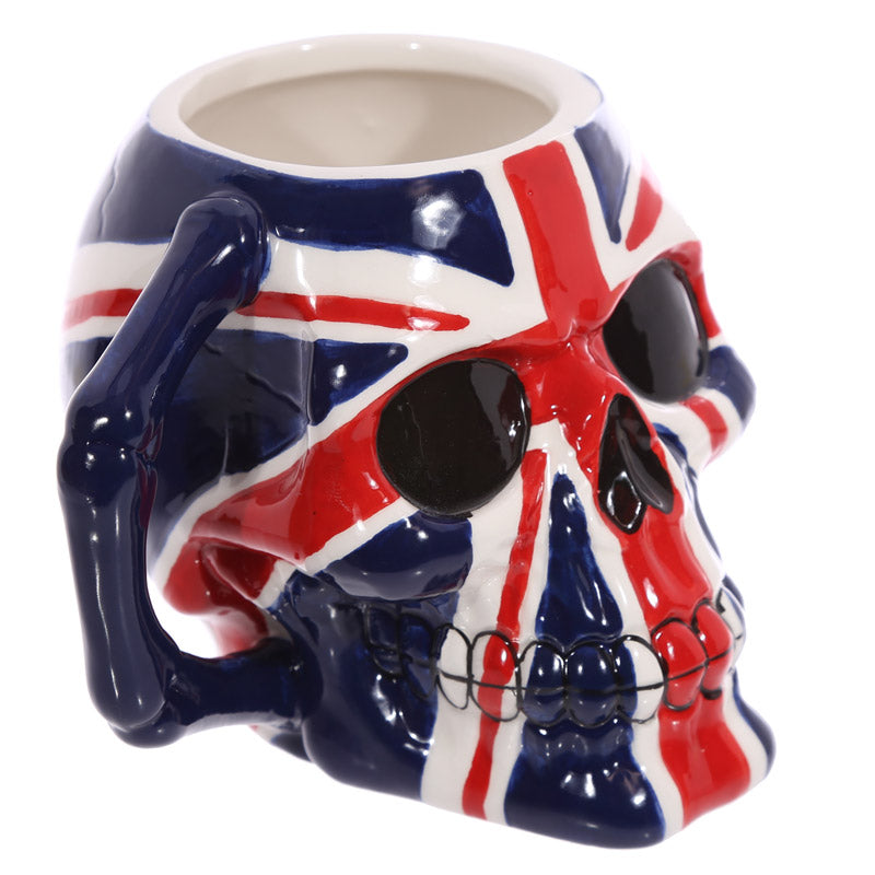 Close-up of ceramic skull mug with UK flag