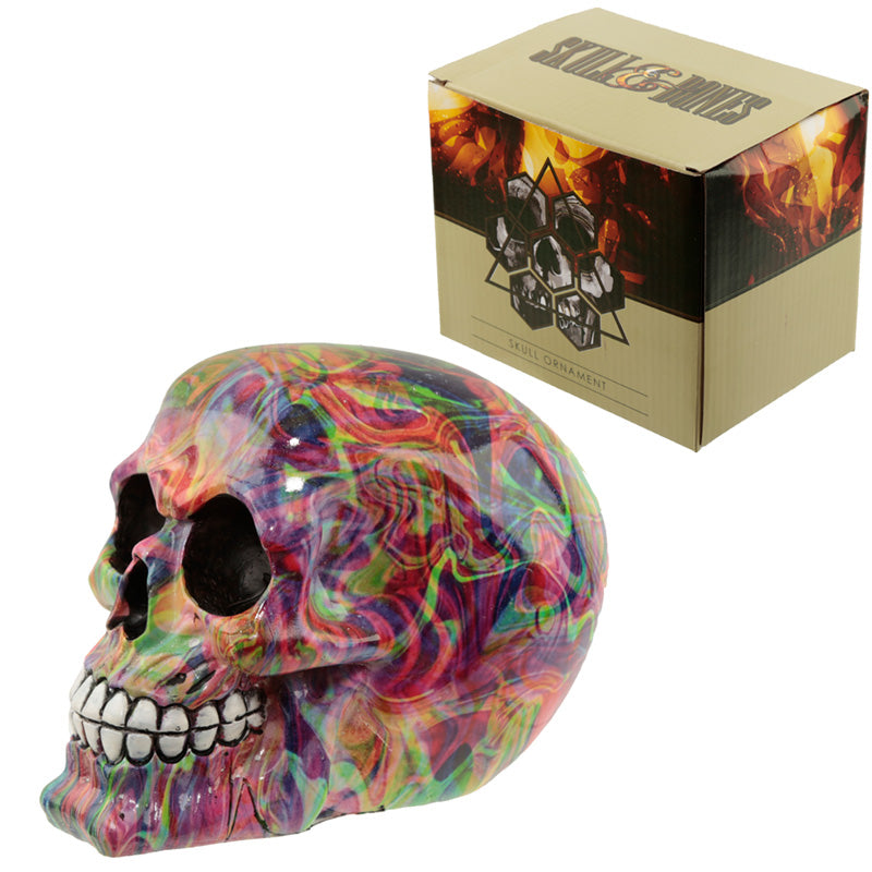 Fantasy Rainbow Marble Skull Ornament in a gothic decor setting