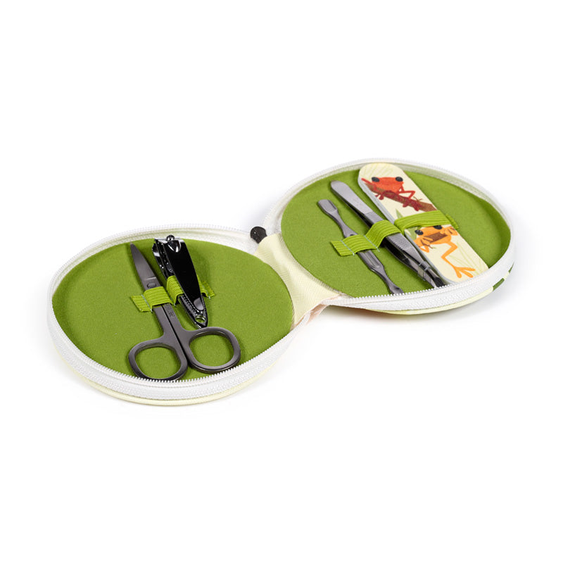Manicure set with tropical frog design on a table