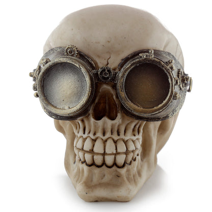 Steampunk Skull Ornament displayed on a shelf