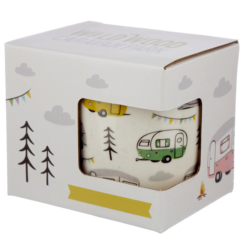 Wildwood Caravan Porcelain Mug with scenic background