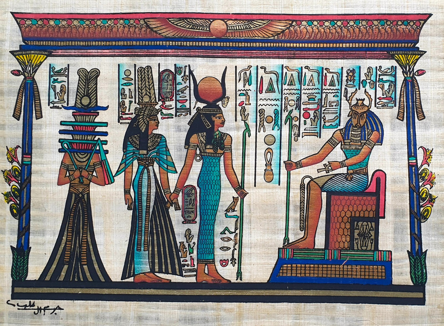 Isis leading Nefertari to Khepri, Egyptian papyrus art