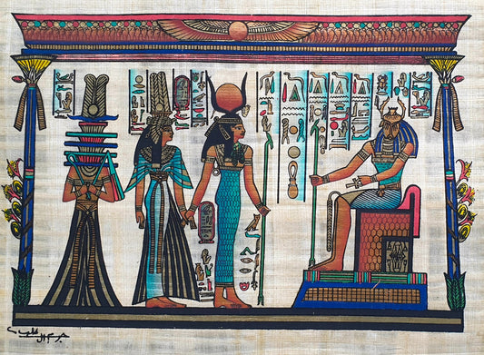 Isis leading Nefertari to Khepri, Egyptian papyrus art