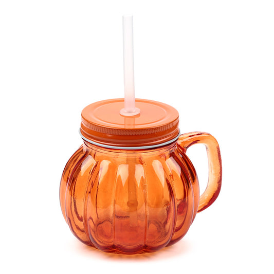 Charming pumpkin glass drinking jar with lid and straw