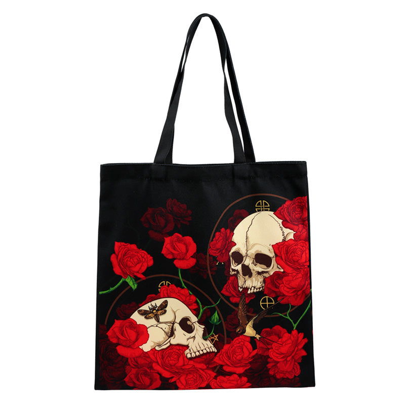 Skulls and Roses Tote Shopping Bag front view