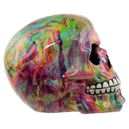 Fantasy Rainbow Marble Skull Ornament displayed on a shelf
