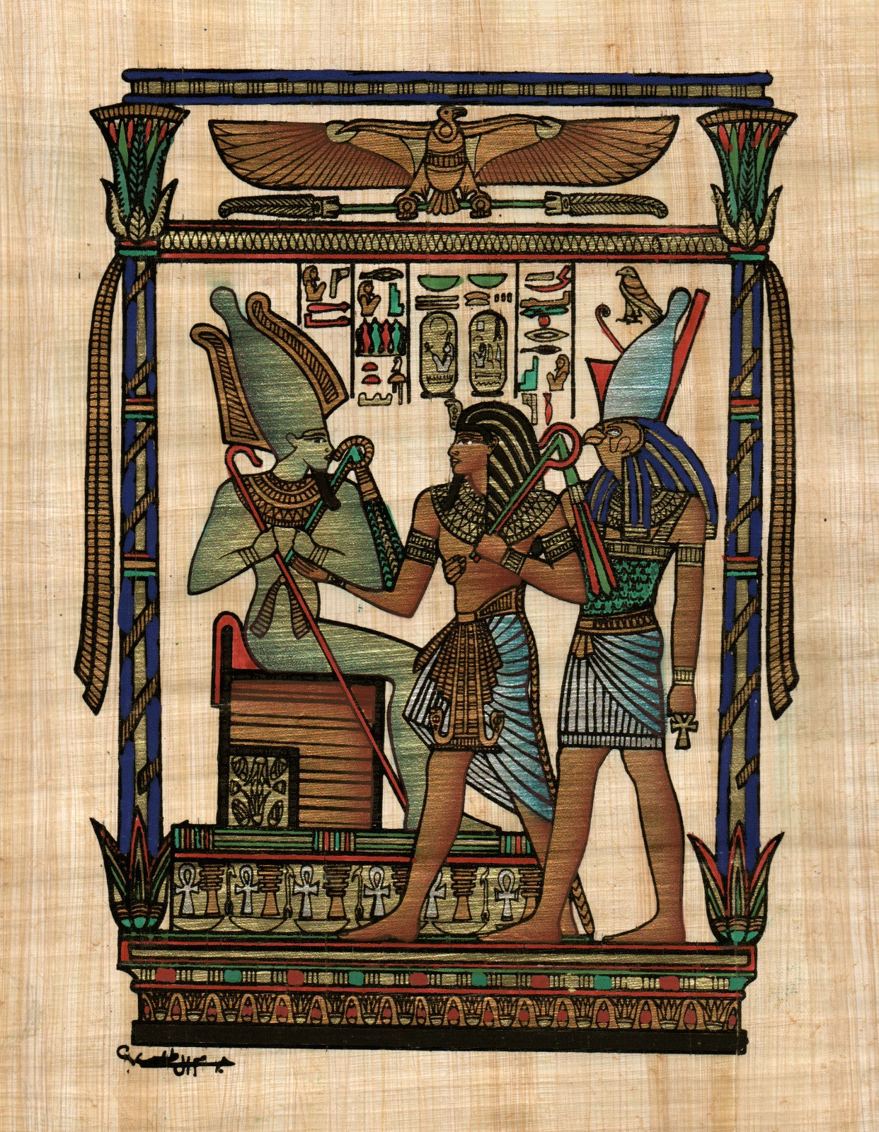 Egyptian papyrus painting depicting Osiris, Seti I, and Horus