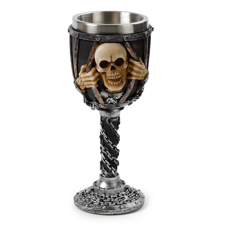 Decorative goblet featuring a skull in chains