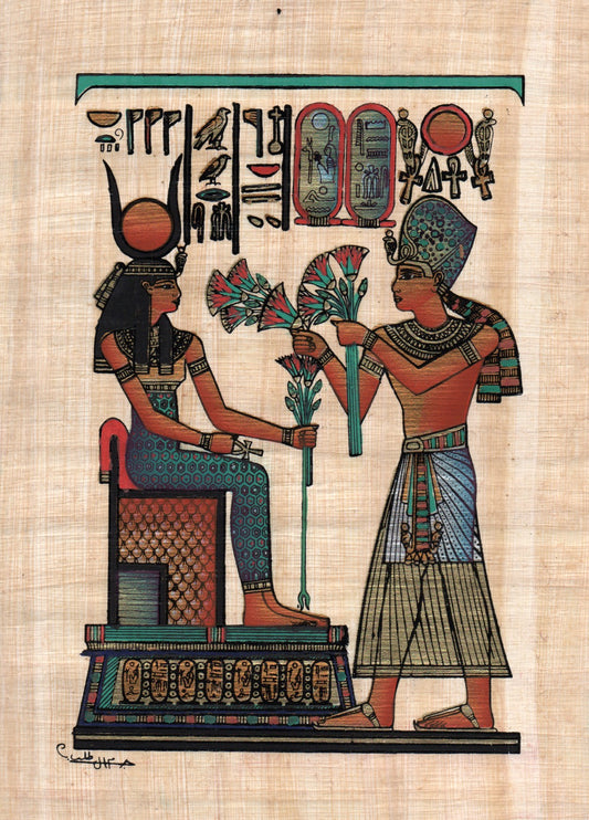 Papyrus painting depicting Ramesses II offering to the goddess Isis