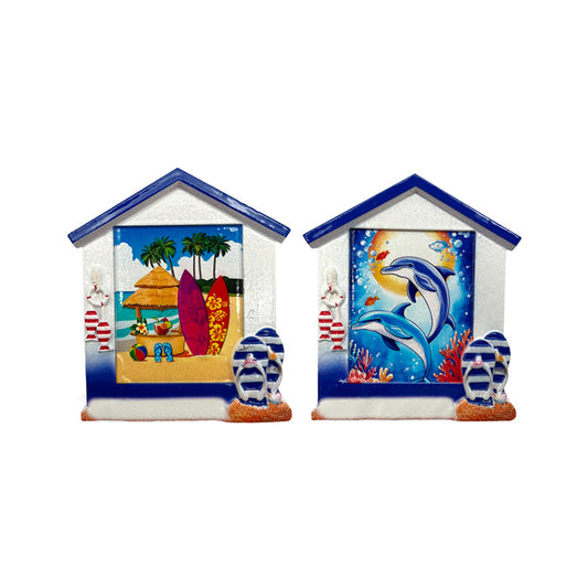 Beach Hut Shaped Souvenir Magnet with Dolphins