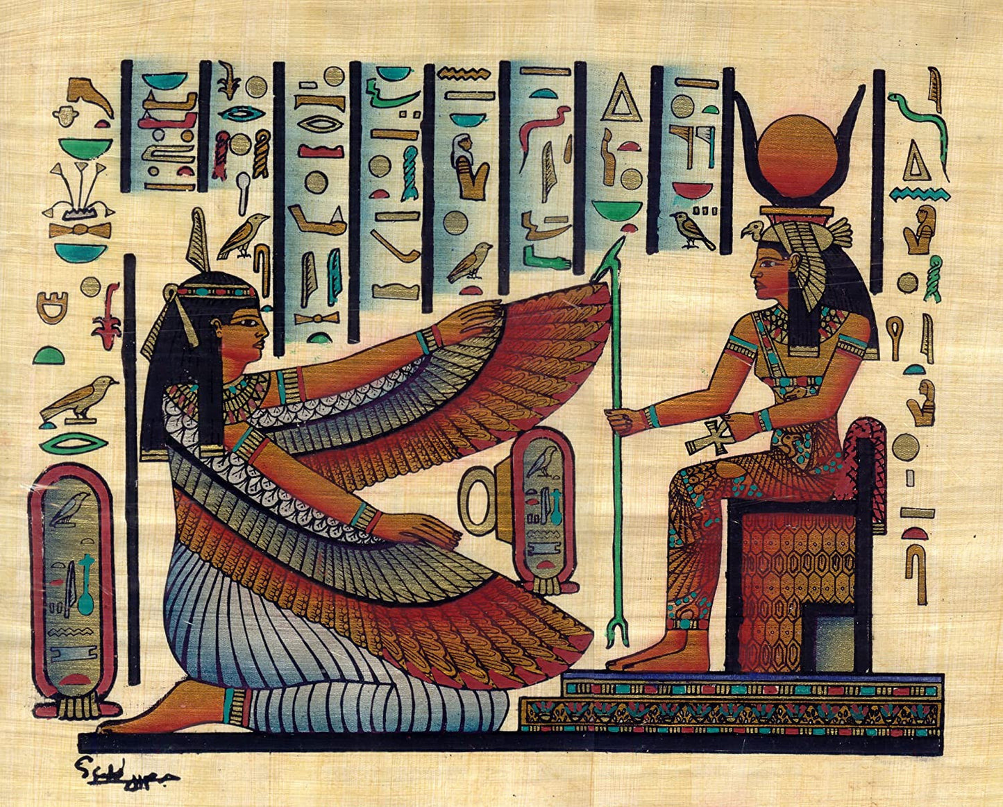 Egyptian Papyrus Painting featuring Maat and Isis