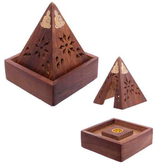 Elegant Sheesham wood incense cone pyramid box with intricate detailing