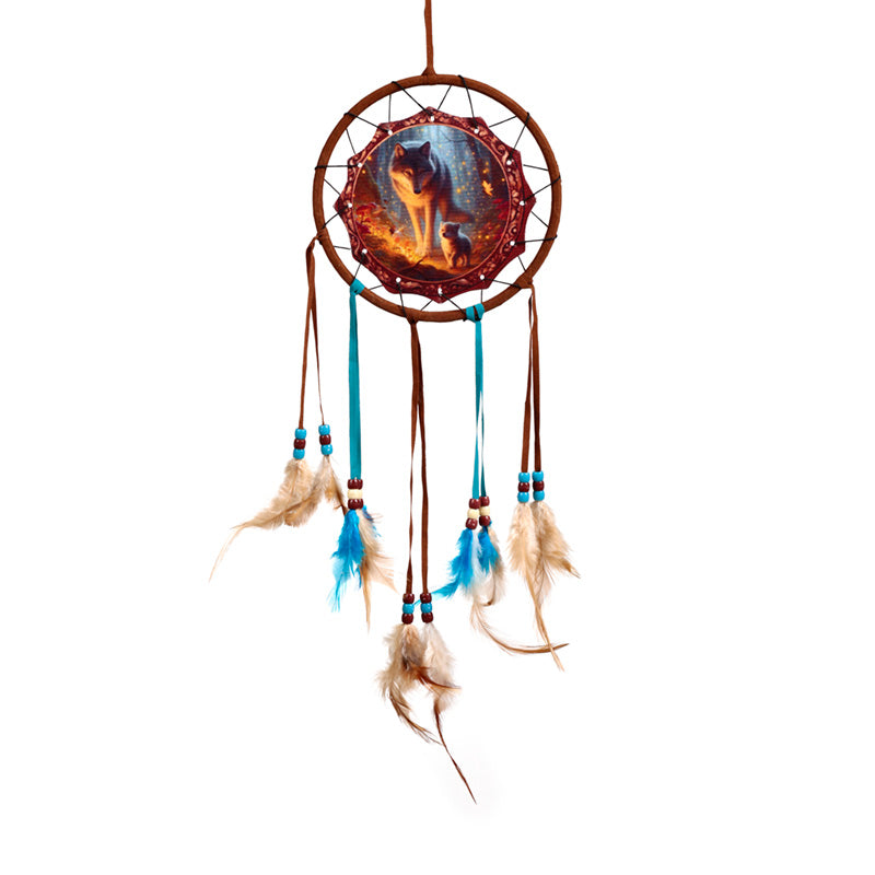 Small dreamcatcher with fairy dream wolf and cub design
