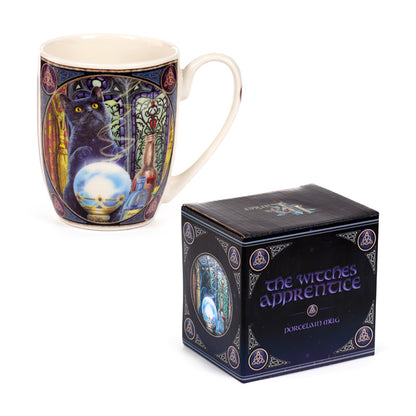 Lisa Parker The Witch's Apprentice Cat Mug displayed with collectibles