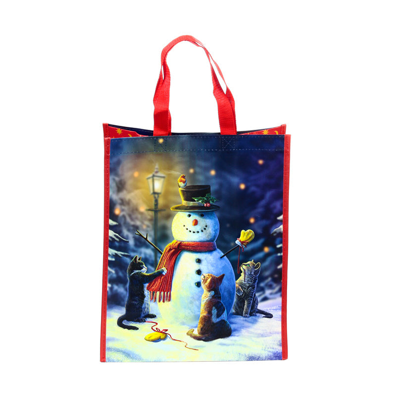 Lisa Parker Christmas Cats reusable shopping bag in use.