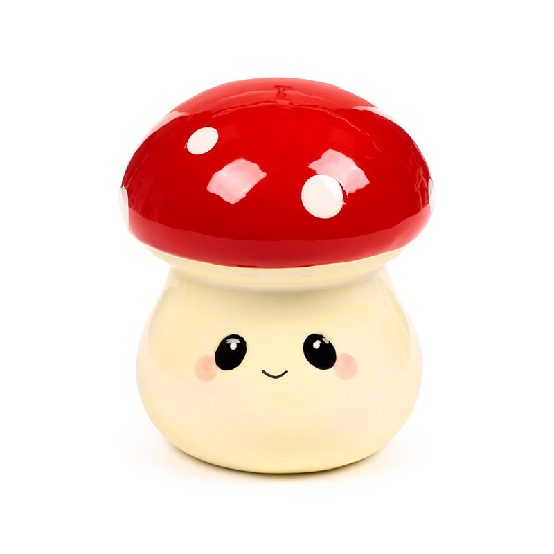 Whimsical mushroom money box on display