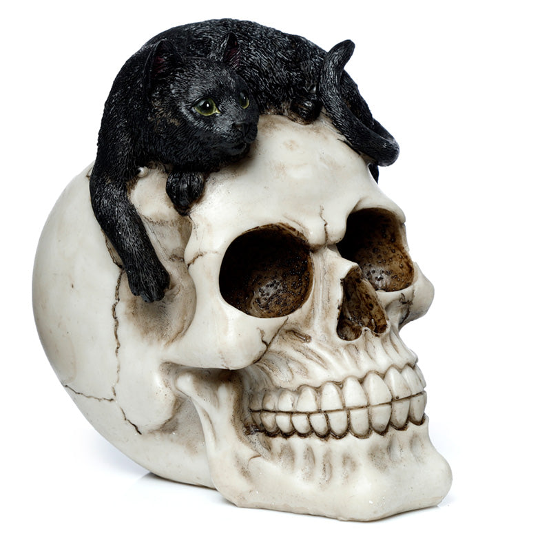 Fantasy Skull Ornament with Black Cat - Front View