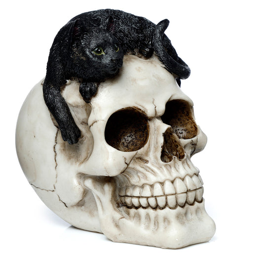 Fantasy Skull Ornament with Black Cat - Front View