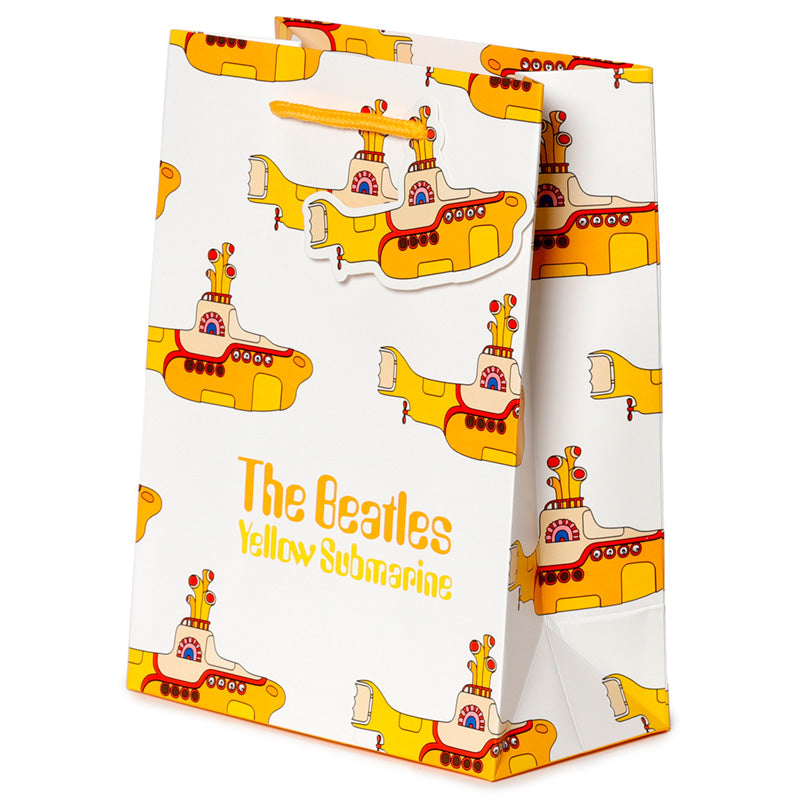 Close-up of The Beatles Yellow Submarine gift bag with handles